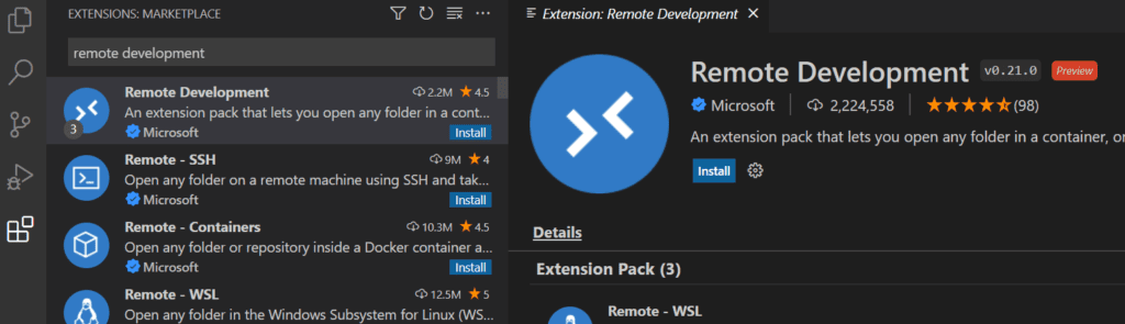 vscode에서 원격서버의 docker에 접속하기 위해 Remote Development 설치