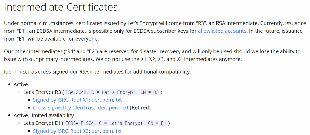 Intermediate Certificates 부분 스크린샷 / 첫번째 pem과 두번째 pem 을 다운로드