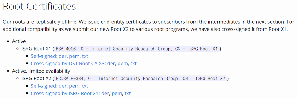 Root Certificates 인증서 부분 스크린샷